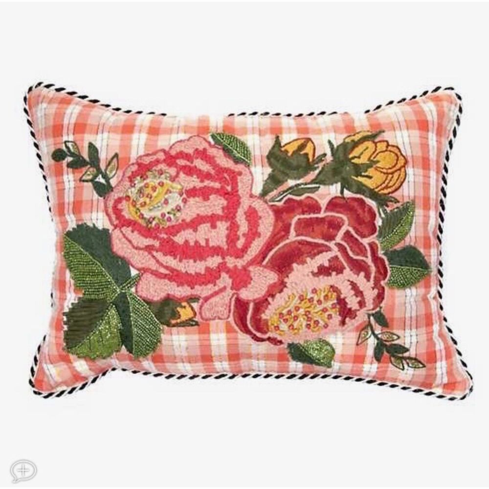EUC MacKenzie Childs Embroidered Tattersall Rose Lumbar Throw Pillow Set